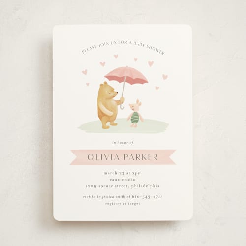 This is a blush baby shower invitations with standard by Katherine Moynagh called disney's pooh and piglet printing on signature in standard