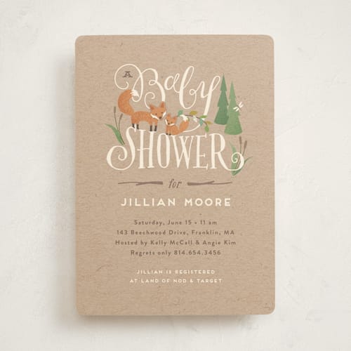 This is a kraft baby shower invitations with standard by Jennifer Wick called fox hollow printing on signature in standard