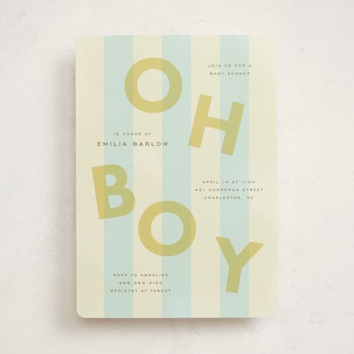 This is a baby blue baby shower invitations with standard by Ellen Schlegelmilch called oh boy printing on signature in standard
