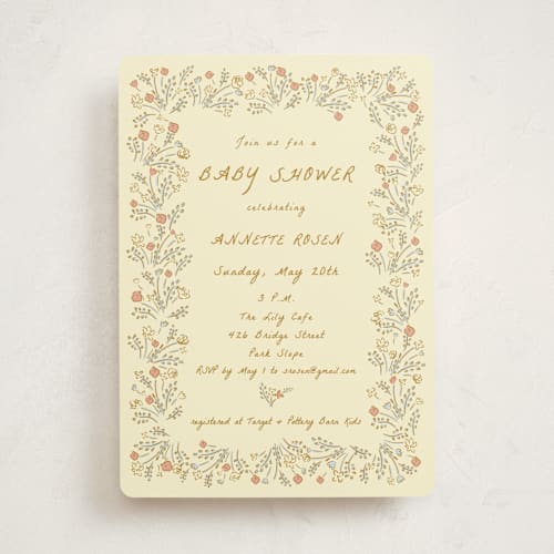 This is a golden baby shower invitations with standard by Sarah Rosenthal called blossoming love printing on signature in standard