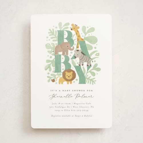 This is a mint baby shower invitations with standard by Jennifer Wick called petite safari printing on signature in standard