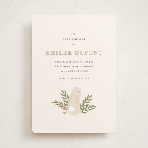 This is a cream baby shower invitations with standard by Angela Garrick called petit lapin printing on signature in standard