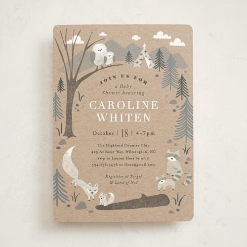 This is a kraft baby shower invitations with standard by Jennifer Wick called woodland's welcome printing on signature in standard