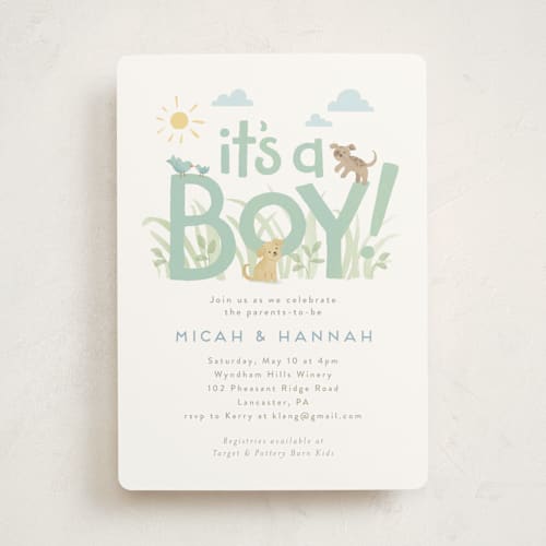 This is a mint baby shower invitations with standard by Jennifer Wick called little pups printing on signature in standard