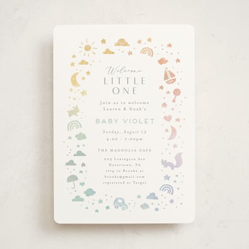 This is a rainbow baby shower invitations with standard by Jennifer Wick called ethereal stars printing on signature in standard