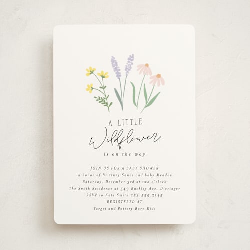 This is a pastel baby shower invitations with standard by Itsy Belle Studio called she's a wildflower printing on signature in standard