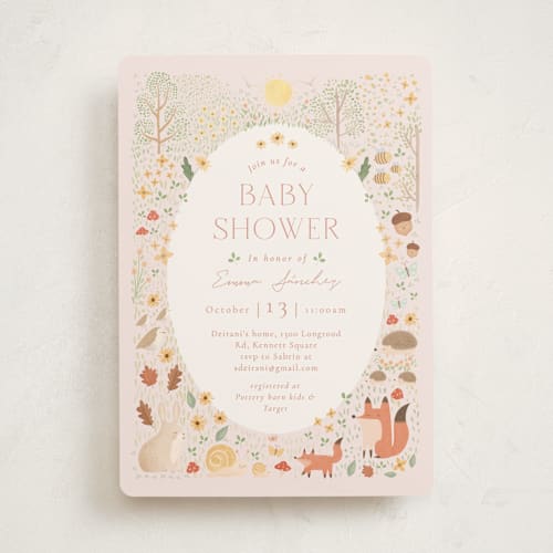 This is a salmon baby shower invitations with standard by Sabrin Deirani called baby shower in the forest printing on signature in standard