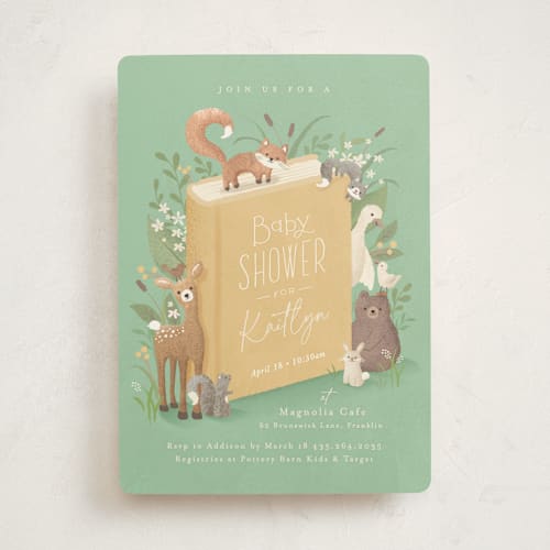 This is a mint baby shower invitations with standard by Jennifer Wick called storybook printing on signature in standard