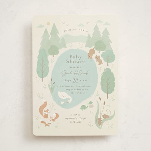 This is a seafoam baby shower invitations with standard by Jennifer Wick called forest friends printing on signature in standard