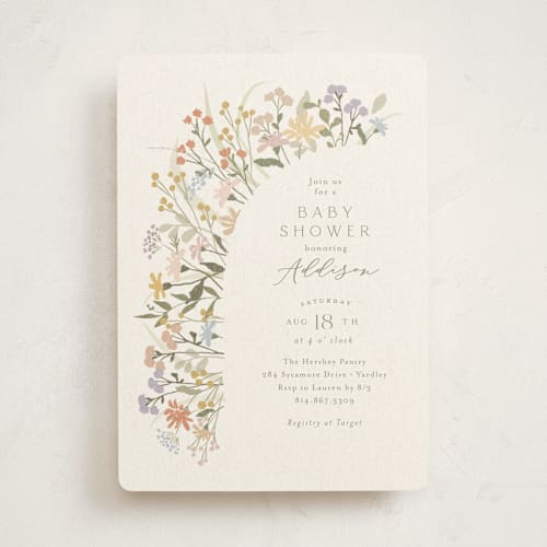 This is a vanilla baby shower invitations with standard by Jennifer Wick called meadow flowers printing on signature in standard