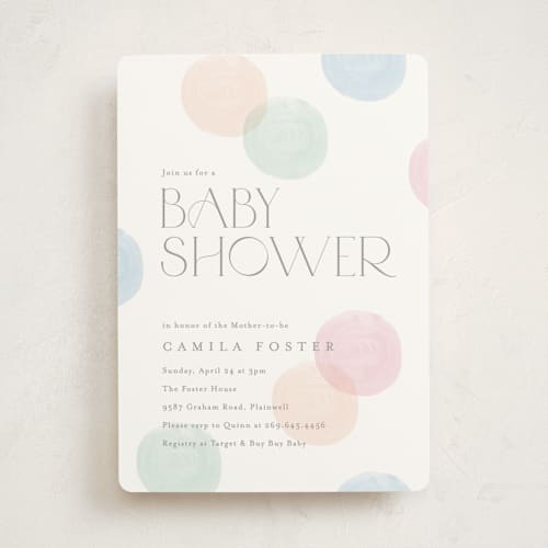 This is a confetti baby shower invitations with standard by Pixel and Hank called polka dot party printing on signature in standard
