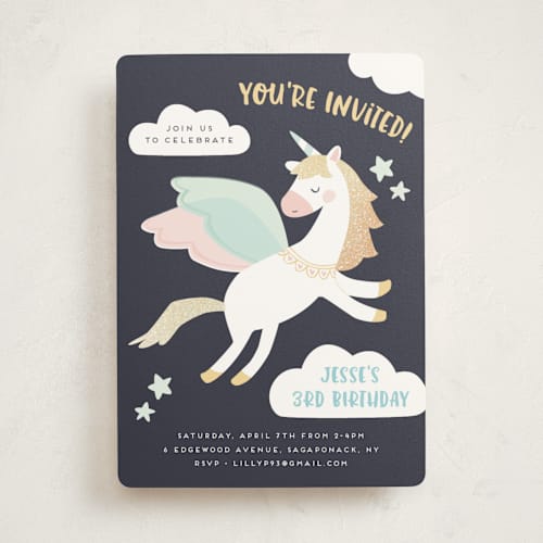 This is a azure kids birthday invitations with foil pressed by peetie design called magical pegasus printing on signature in standard