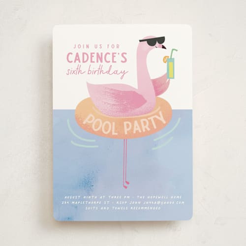 This is a peach kids birthday invitations with standard by Lori Wemple called flamingo printing on signature in standard