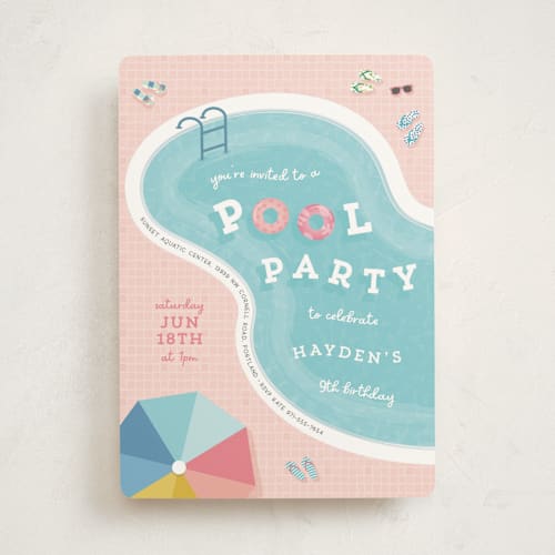 This is a coral kids birthday invitations with standard by Lisa McLean called cool pool party printing on signature in standard