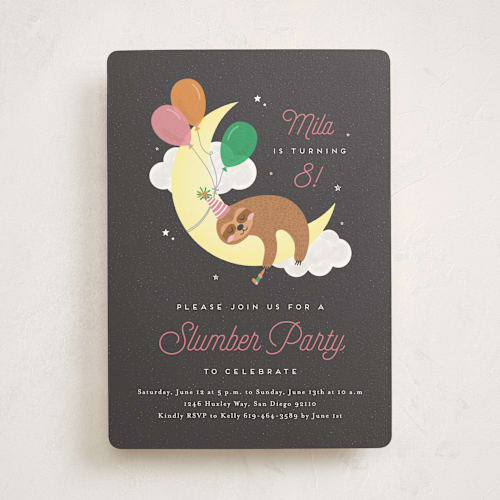 This is a midnight kids birthday invitations with standard by Erica Krystek called slumber sloth printing on signature in standard