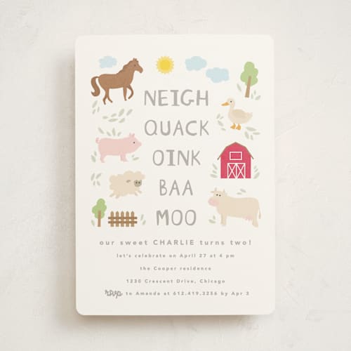 This is a cloud kids birthday invitations with standard by Creo Study called barnyard noises printing on signature in standard