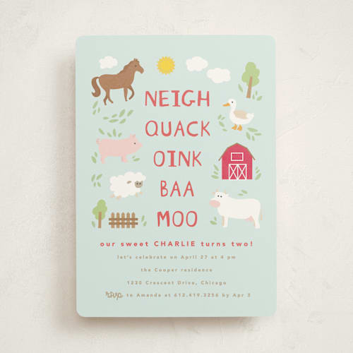 This is a sky kids birthday invitations with standard by Creo Study called barnyard noises printing on signature in standard