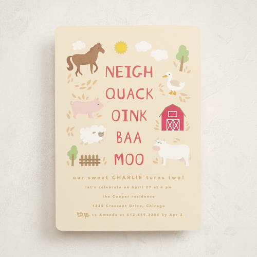 This is a buttercup kids birthday invitations with standard by Creo Study called barnyard noises printing on signature in standard