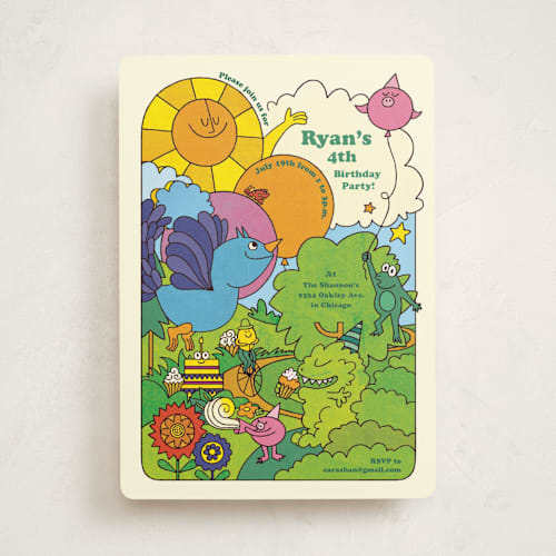This is a summer kids birthday invitations with standard by Morgan Ramberg called birthday groove printing on signature in standard