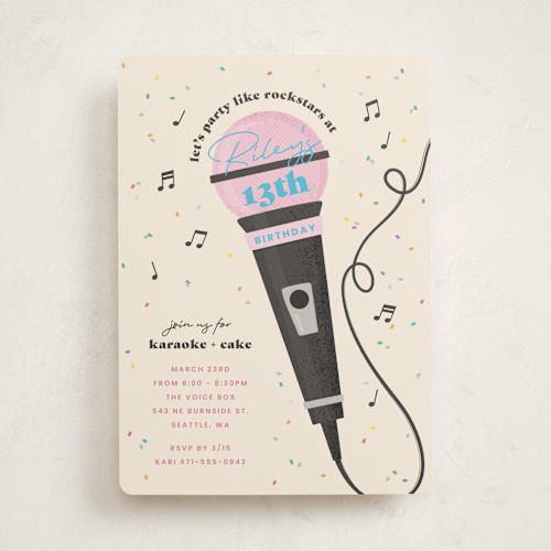 This is a electric blue kids birthday invitations with standard by Lisa McLean called karaoke time printing on signature in standard