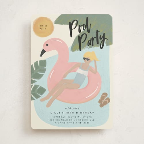 This is a powder blue kids birthday invitations with standard by Faith Dorn called splash flamingo printing on signature in standard