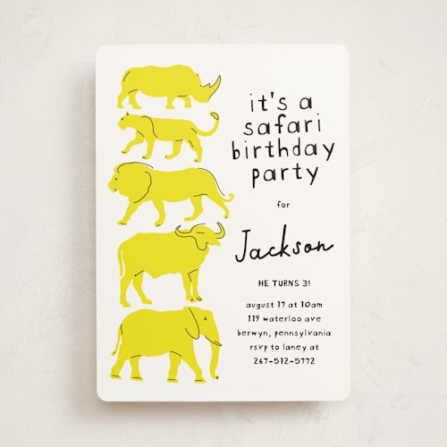 This is a sun kids birthday invitations with standard by Phrosné Barwood called modern safari party printing on signature in standard