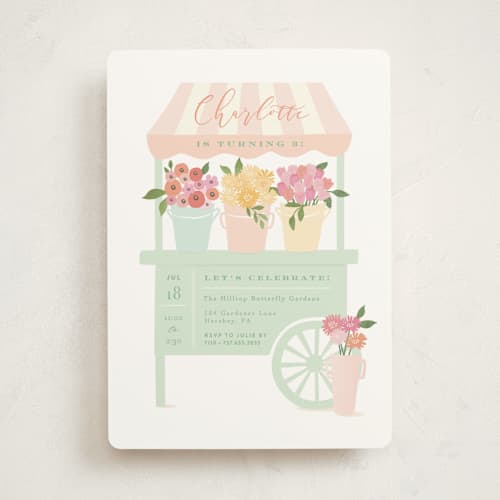 This is a grass kids birthday invitations with standard by Jennifer Wick called petite flower cart printing on signature in standard