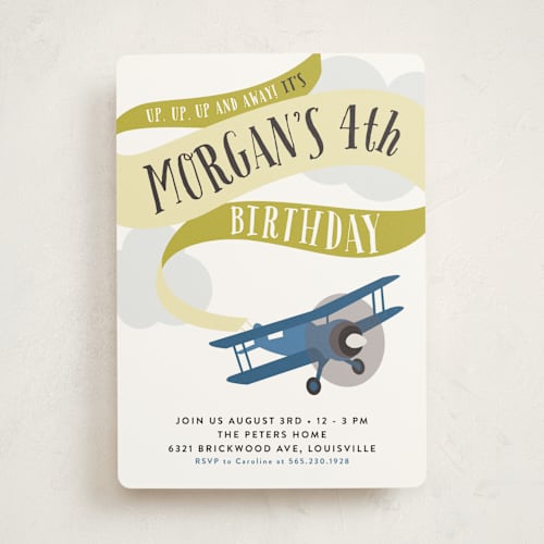 This is a mustard kids birthday invitations with standard by Haley Warner called banner takeoff printing on signature in standard