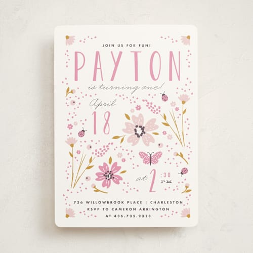 This is a petal kids birthday invitations with standard by Kristie Kern called in the garden printing on signature in standard