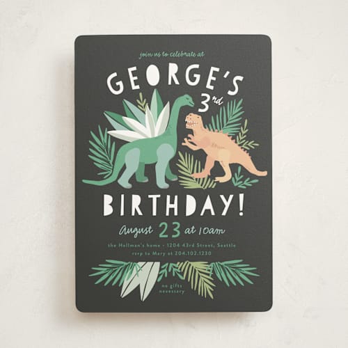 This is a graphite kids birthday invitations with standard by Alethea and Ruth called dino friends printing on signature in standard