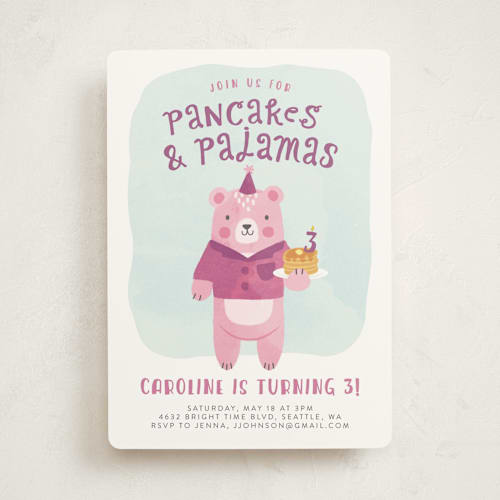 This is a raspberry kids birthday invitations with standard by Jen Banks called pancakes & pajamas printing on signature in standard