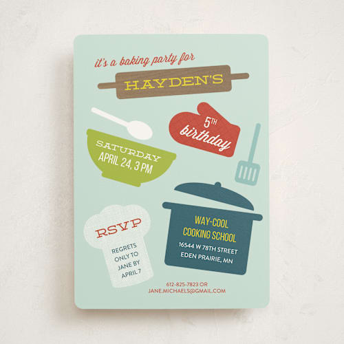 This is a aqua kids birthday invitations with standard by Holly Whitcomb called baking party printing on signature in standard