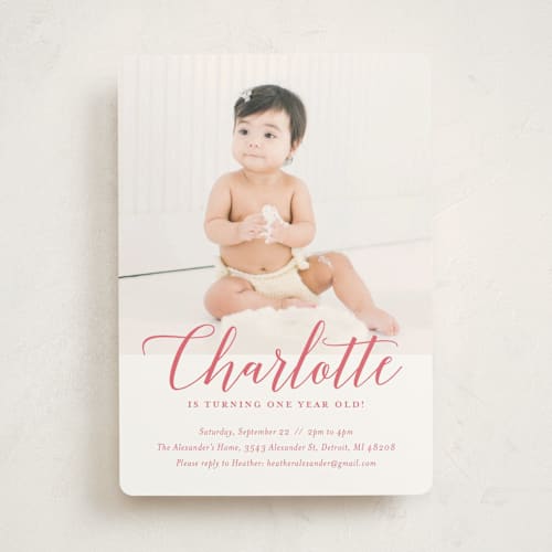 This is a blush kids birthday invitations with standard by Genna Blackburn called big script printing on signature in standard