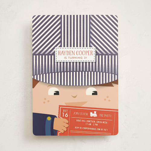 This is a navy kids birthday invitations with standard by Tanya Lee of Frooted Design called little train engineer printing on signature in standard