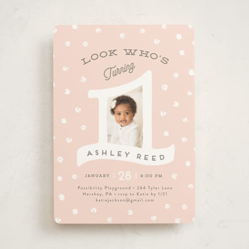 This is a blush kids birthday invitations with standard by Jennifer Wick called dotted one printing on signature in standard