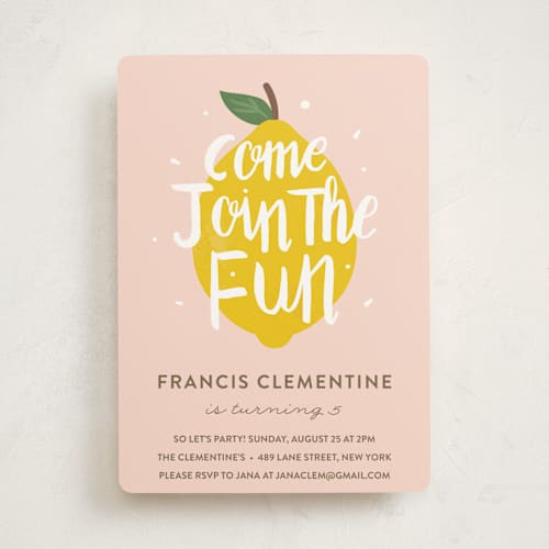 This is a candy kids birthday invitations with standard by Joanne James called lemonade fun printing on signature in standard