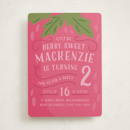 This is a strawberry kids birthday invitations with standard by Laura Hankins called berry sweet printing on signature in standard