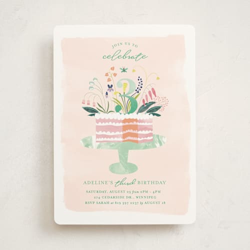 This is a summer peach kids birthday invitations with standard by Eve Schultz called birthday botanicals printing on signature in standard