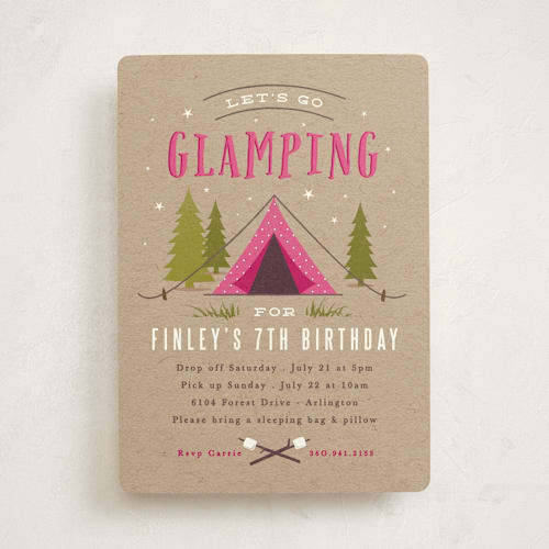 This is a fushcia kids birthday invitations with standard by Karidy Walker called let's go glamping printing on signature in standard