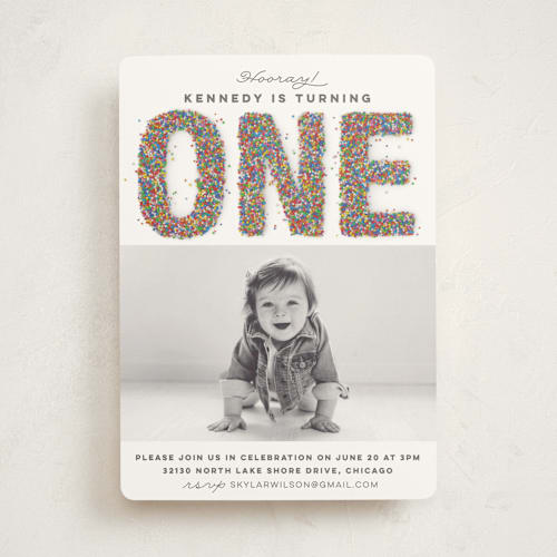 This is a vanilla kids birthday invitations with standard by Jessie Steury called sprinkles printing on signature in standard