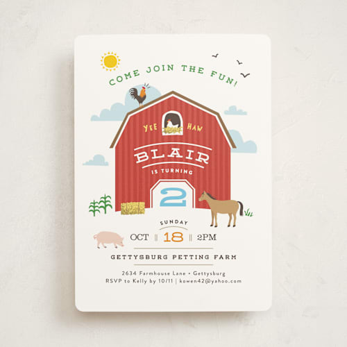 This is a barn kids birthday invitations with standard by Jennifer Wick called big red barn printing on signature in standard