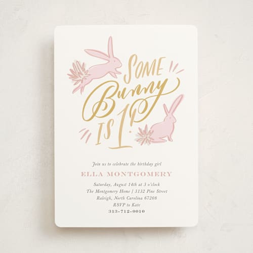 This is a peony kids birthday invitations with standard by Julie Murray called some bunny printing on signature in standard