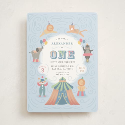 This is a sky kids birthday invitations with standard by Joanna Griffin called step right up printing on signature in standard