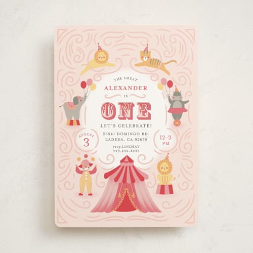 This is a bubble gum kids birthday invitations with standard by Joanna Griffin called step right up printing on signature in standard
