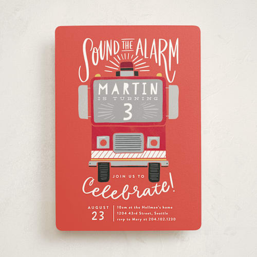 This is a poinsettia kids birthday invitations with standard by Alethea and Ruth called sound the alarm firetruck printing on signature in standard