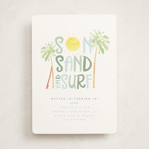 This is a oceanside kids birthday invitations with standard by Maggie Maeve called sun sand and surf printing on signature in standard