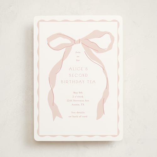 This is a blush kids birthday invitations with standard by Baumbirdy called framed bow printing on signature in standard