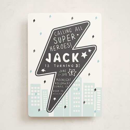 This is a captain kids birthday invitations with standard by Maggie Maeve called calling all superheroes printing on signature in standard