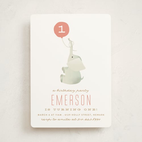 This is a coral kids birthday invitations with standard by Phrosné Barwood called ollie elephant printing on signature in standard