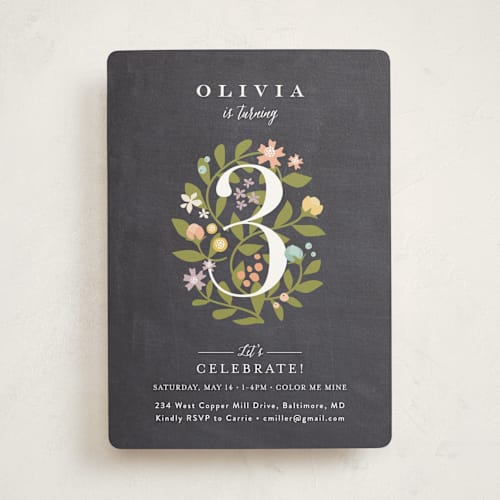 This is a chalkboard kids birthday invitations with standard by Jennifer Wick called climbing roses printing on signature in standard